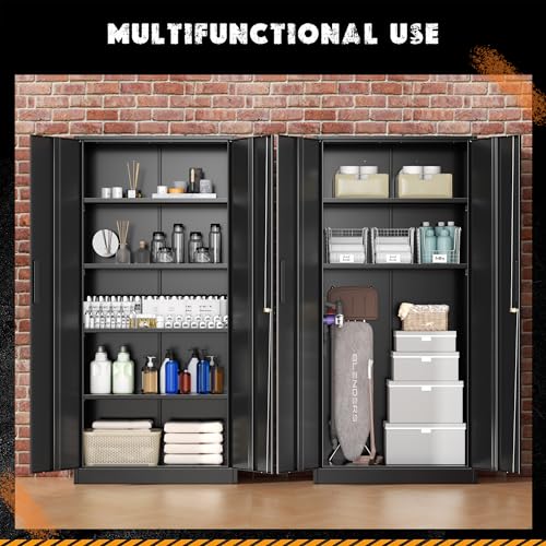 Metal Storage Cabinet with Lock, Steel Garage Storage Cabinet with 2 Doors and Adjustable Shelves, File Organization for Office, Home, Garage, School (Black)