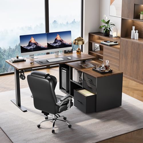 55 Inch L Shaped Standing Desk with Drawers, Electric Executive Desk with File Cabinet Sets, Adjustable Height Stand Up Desk, Home Office Computer Desk with 4 Memory Presets, Walnut