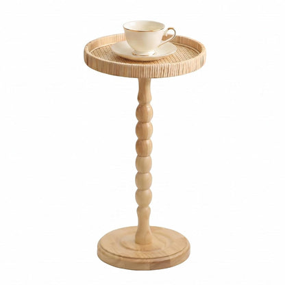 Small Drink Table, Rattan Round Side Table for Small Spaces, Boho Accent Table End Table with Solid Wood Leg for Living Room, Nightstand Table for Bedroom, Corners