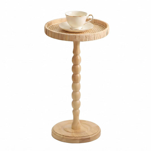 Small Drink Table, Rattan Round Side Table for Small Spaces, Boho Accent Table End Table with Solid Wood Leg for Living Room, Nightstand Table for Bedroom, Corners