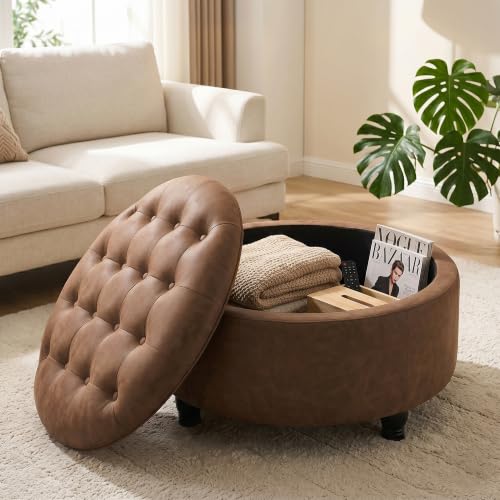30-Inch Round Storage Ottoman, Button Tufted Ottoman Coffee Table with Removable Top for Living Room, Bedroom, Office (Cognac Tan)