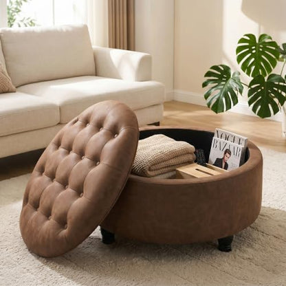 30-Inch Round Storage Ottoman, Button Tufted Ottoman Coffee Table with Removable Top for Living Room, Bedroom, Office (Cognac Tan)