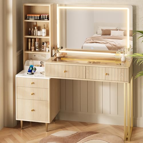 44” Fluted Vanity Desk with 32” Lighted Mirror & Power Outlet, view 2