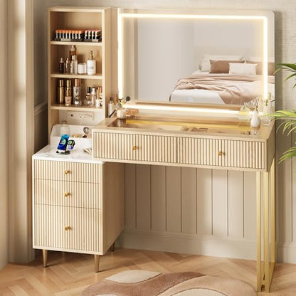 44” Fluted Vanity Desk with 32” Lighted Mirror & Power Outlet, view 2