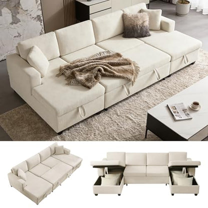 U Shaped Sectional Sleeper Sofa with Pull Out Bed, 113" Modular Sectional Sofa with Storage Chenille Couches for Living Room, Apartment, Office, Beige