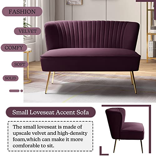 Contemporary Velvet Loveseat Sofa, Upholstered Loveseat Couch with Golden Metal Legs, Small Tufted 2-Seat Sofa Armless Love Seat for Living Room, Bedroom, Apartment Small Spaces, Purple