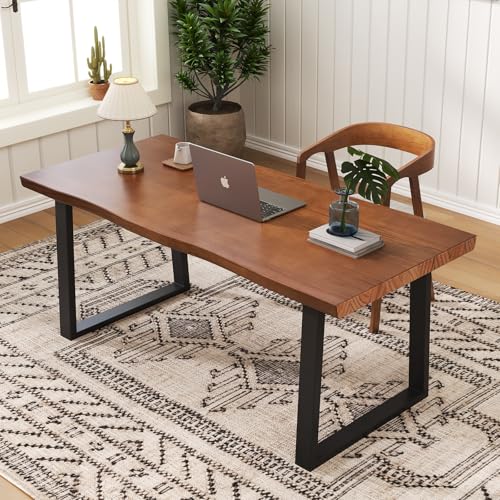 47" Solid Wood Live Edge Computer Desk - Rustic Vintage Industrial Brown Work Desk, Modern Minimalist Home Office Desk, Writing Study Office Table for Professional & Learning Use