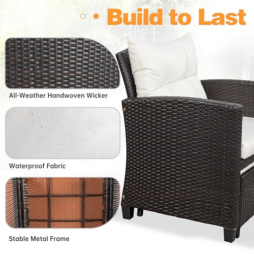 5 Pieces Patio Furniture Set, Outdoor Wicker Patio Conversation Set with Ottoman, All Weather Rattan Outside Chairs with Coffee Table & Cushion for Porch, Garden, Backyard, Beige