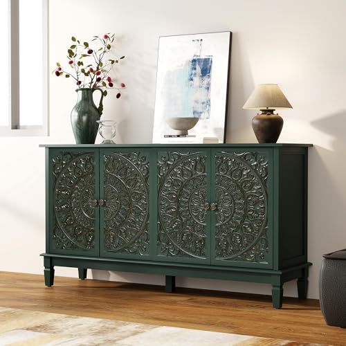 59" Solid Wood Buffet Cabinet, Accent Cabinet, 4 Carved Doors, view 8