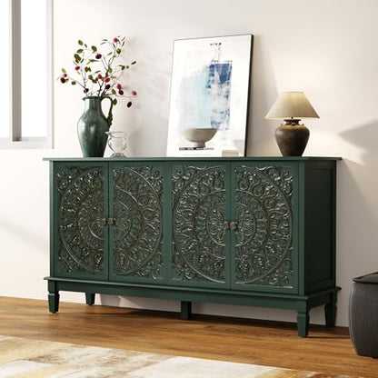 59" Solid Wood Buffet Cabinet, Accent Cabinet, 4 Carved Doors, view 8
