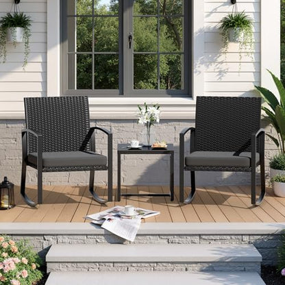 3 Pieces Outdoor Patio Set -Wicker Rattan Chair Conversation Set with Glass Table for Poolside Yard Rocking Chair Set for Bistro Garden Front Porch All Weather Patio Furniture Set