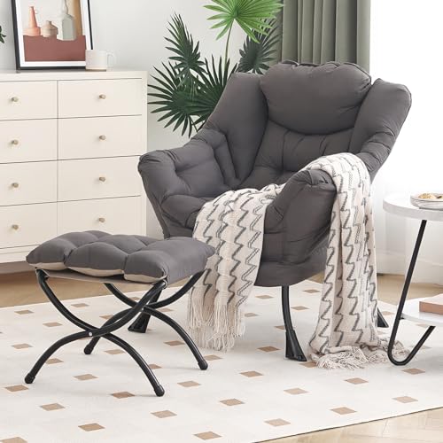 Lazy Chair with Ottoman, Modern Chair with Folding Footrest, Dark Grey Accent Chair, Comfortable Reading Chair, Oversized Armchairs for Bedroom, Study, Living Room, Courtyard