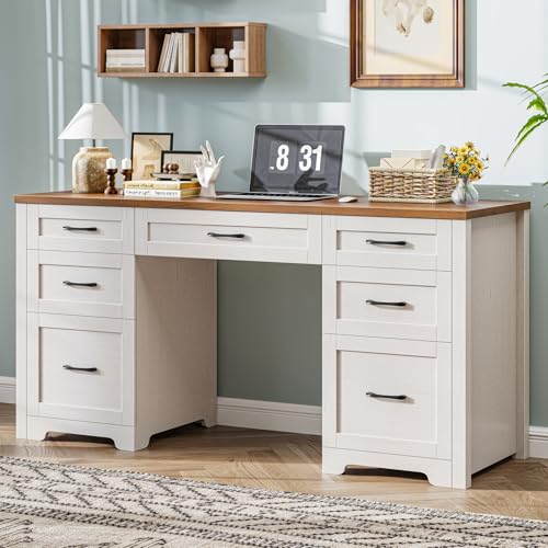 Farmhouse 61'' Executive Desk with 7 Drawers, Rustic Office Desk Computer Table with File Drawers, Wood Workstation for Home Office and Study,Unique White