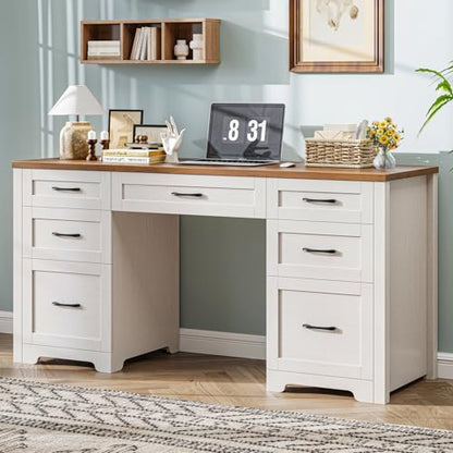 Farmhouse 61'' Executive Desk with 7 Drawers, Rustic Office Desk Computer Table with File Drawers, Wood Workstation for Home Office and Study,Unique White