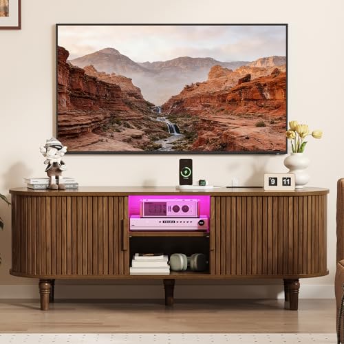 Mid Century Modern TV Stand - 55" TV Console with Fluted Sliding Doors, view 2