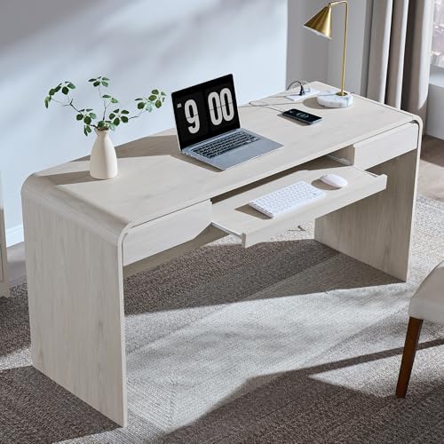 63" Modern Computer Desk with 2 Drawers, Wood Curved (Cream), view 2