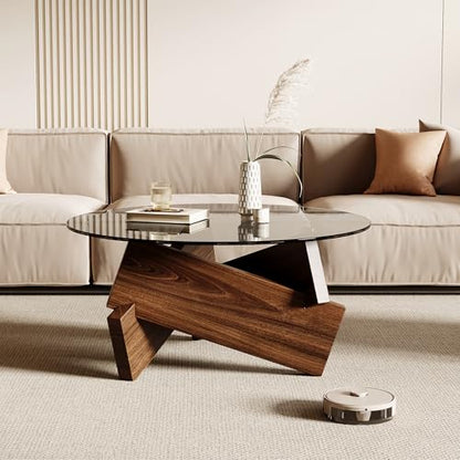 Modern Round Coffee Table, 30.7" x 30.7" x 16.1" Tempered Glass Top for Living Room, Color: Walnut