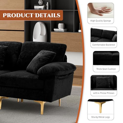 U-Shaped Sectional Sofa Couch, 4 Seat Sofa Set for Living Room, Convertible L-Shaped Velvet Couch Set with Chaise Lounge, Ottoman and Pillows,114 inches (Black)
