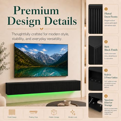 Floating TV Stand 78 Inch Wall Mounted TV Console with Storage Shelves, Modern TV Stand for Living Room Bedroom, Fits 55-90 Inch TV, Wood TV Console Black
