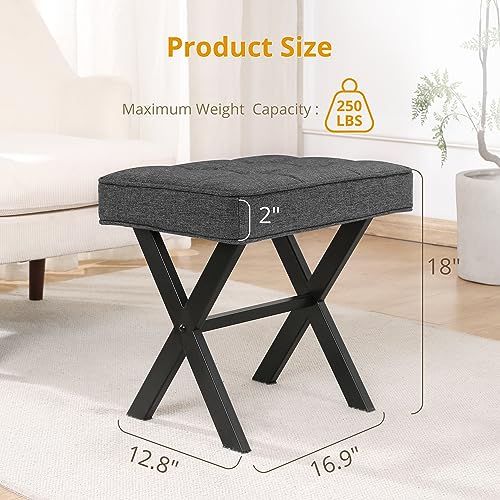 Vanity Stool, Square Linen Makeup Stool with Metal X Legs, Small Ottoman Stool Chair for Vanity, Modern Padded Vanity Seat Foot Rest Stool for Makeup Room, Living Room, Bathroom, Carbon Gray