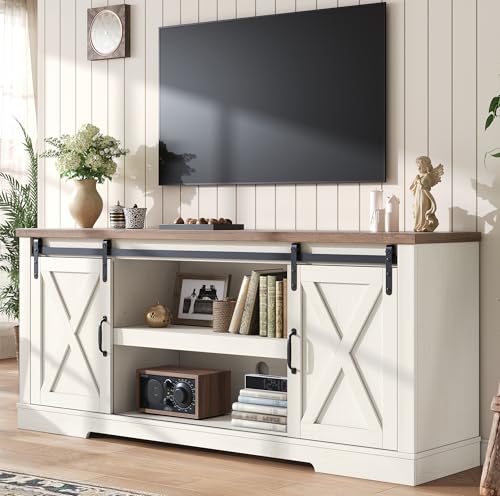 66” TV Stand for 65 Inch TV, Farmhouse Entertainment Center with Storage Cabinets and Adjustable Shelf & Feet, Modern TV Console Table for Living Room or Bedroom, Rustic White & Honey Brown