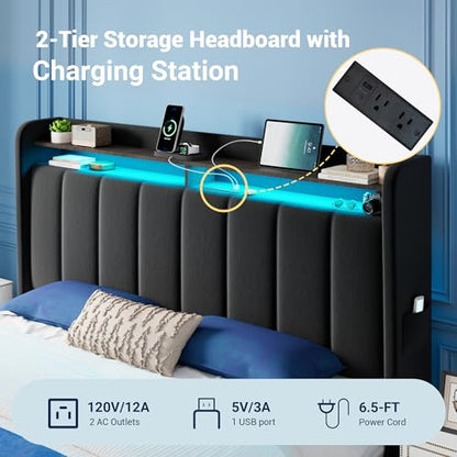 Queen Bed Frame with 2-Tier Storage Headboard & 2 Large Drawers, view 5