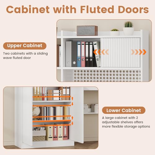 63" Tall Computer Desk with Hutch, Fluted Wood Computer Desk, Featuring Charging Station, Drawer and Storage Cabinet, for Home Office Work and Study (White)