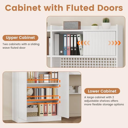 63" Tall Computer Desk with Hutch, Fluted Wood Computer Desk, Featuring Charging Station, Drawer and Storage Cabinet, for Home Office Work and Study (White)