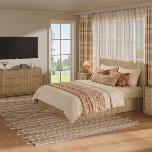 Fluted King Size Platform Bed Frame with Lift up Storage, Oak, view 5