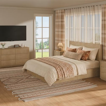 Fluted King Size Platform Bed Frame with Lift up Storage, Oak, view 5