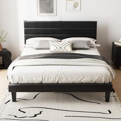 Upholstered Bed Frame Queen, Faux Leather Platform Bed with Adjustable Headboard, view 2