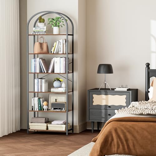 6-Tier Bookshelf Arched Display Racks, Wood and Metal Bookcase, Tall Bookshelf, Industrial Display Standing Shelf Unit, for Home Office, Living Room, Bedroom, Bathroom, Rustic Brown