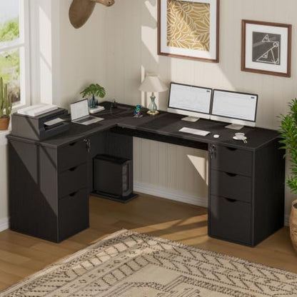 66" L Shaped Desk with 6 Lockable Drawers, Black Corner Computer Desk, view 3