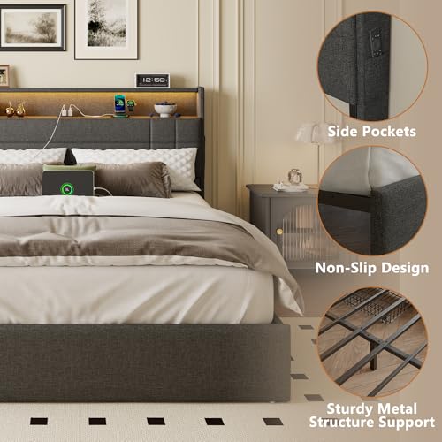 King Size Bed Frame with 4 Drawers & Storage Headboard, Grey, view 7