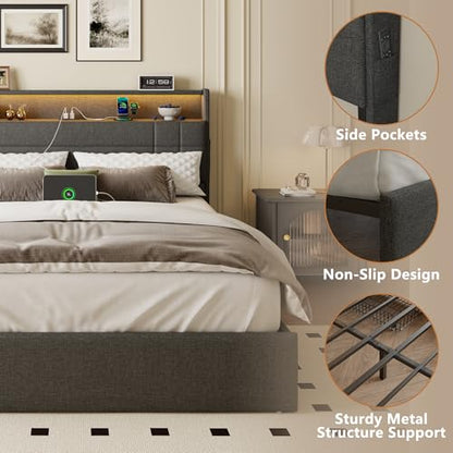 King Size Bed Frame with 4 Drawers & Storage Headboard, Grey, view 7