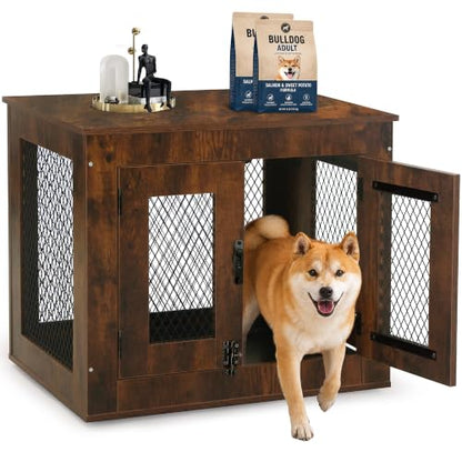Wooden Dog Crate Furniture End Table with Metal Mesh, Rustic Brown, view 2