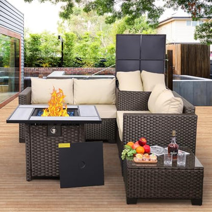 Patio Furniture Set 5 Pieces Outdoor Conversation Sets PE Rattan Couch Loveseat Resin Wicker Sectional Sofa with Storage Box Coffee Table and Propane Fire Pit, Khaki Cushion