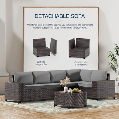 6PCS Outdoor Patio Furniture Set PE Wicker Rattan Sectional Sofa Patio Conversation Sets,Grey
