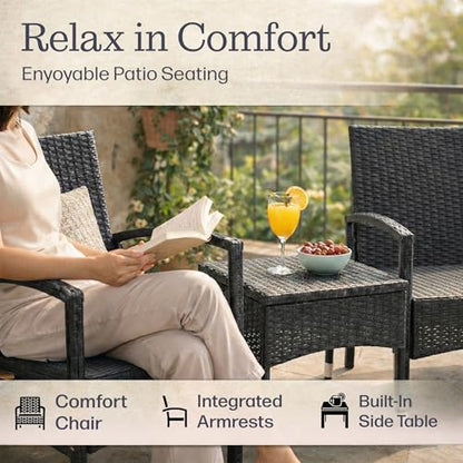 80-OUTD-WK-NCSHCHTBL, Gray Outdoor Patio Set ? 3-Piece Rattan Seating Combo with 2 Chairs and Table for Deck, Balcony, or Front Porch Furniture