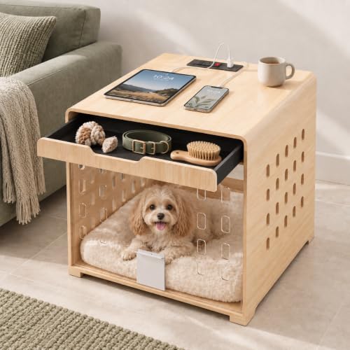 Modern Dog Kennel Furniture Wooden Crate with Charging Station End Table, view 2