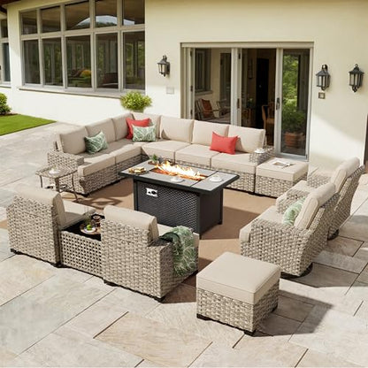 Outdoor Sectional Patio Furniture Set with Fire Pit Table,15 Pieces Wicker Conversation Sets L Shaped Couch,Extra Deep Out Door Sofa Outside Furniture with Swivel Chair Ottoman,Beige