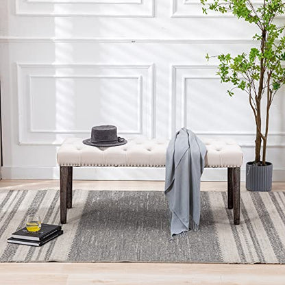 Button-Tufted Ottoman Bench, Upholstered Bedroom Benches Velvet Footrest Stool Accent Bench for Entryway Dining Room Living Room Bedroom End of Bed, Beige