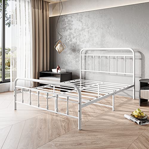 Full Size Bed Frame with Headboard and Footboard Vintage Metal White, view 6