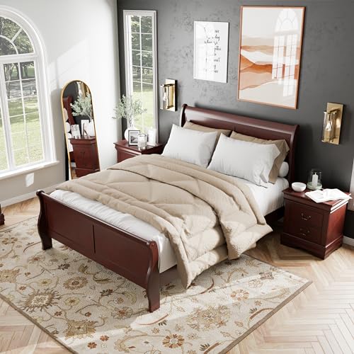 Louis Philippe Traditional Solid Wood 3 Piece Bedroom Set, Queen Bed Frame and Nightstands Set of 2, Sleigh Design Bedframe with Headboard and Footboard, Box Spring Needed, Cherry