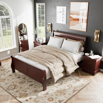 Louis Philippe Traditional Solid Wood 3 Piece Bedroom Set, Queen Bed Frame and Nightstands Set of 2, Sleigh Design Bedframe with Headboard and Footboard, Box Spring Needed, Cherry