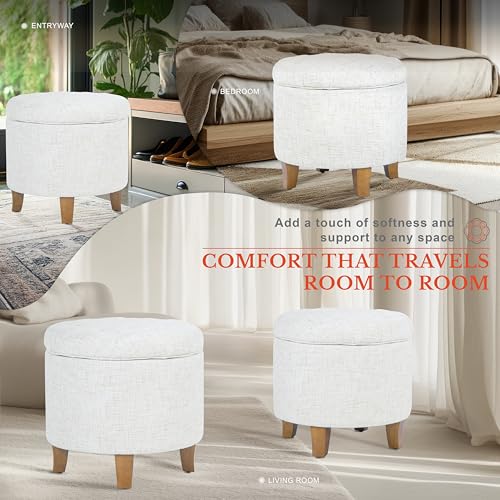 19" Button Tufted Round Storage Ottoman - Cream Textured Solid