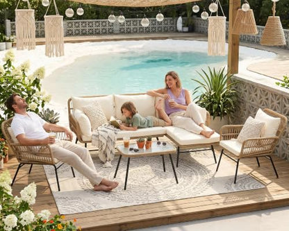 5Pcs Boho Outdoor Patio Furniture Set, High Back L-Shaped Outdoor Couch with Side Table, 500lbs Sturdy Comfy Wicker Sectional Sofa for Garden Balcony Deck Porch or Backyard, Beige