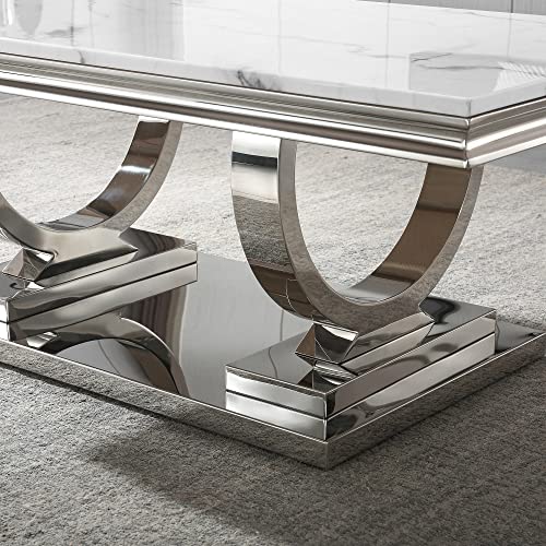 46.8" Coffee Table with Marble Top, Modern Rectangular Faux Marble Coffee Table with Silver Stainless Steel Base, Luxury White Cocktail Center Tea Table for Living Room
