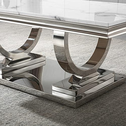 46.8" Coffee Table with Marble Top, Modern Rectangular Faux Marble Coffee Table with Silver Stainless Steel Base, Luxury White Cocktail Center Tea Table for Living Room