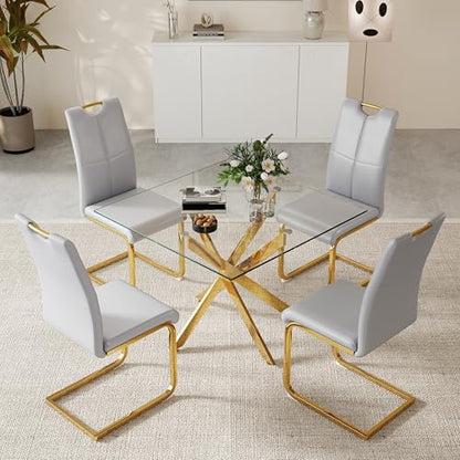 36-Inch Square Glass Dining Table Set with 4 Faux Leather High-Back Chairs - Modern Metal Cross-Leg Table with Comfortable C-Leg Seats for Modern Home Decor(Gray&Gold)